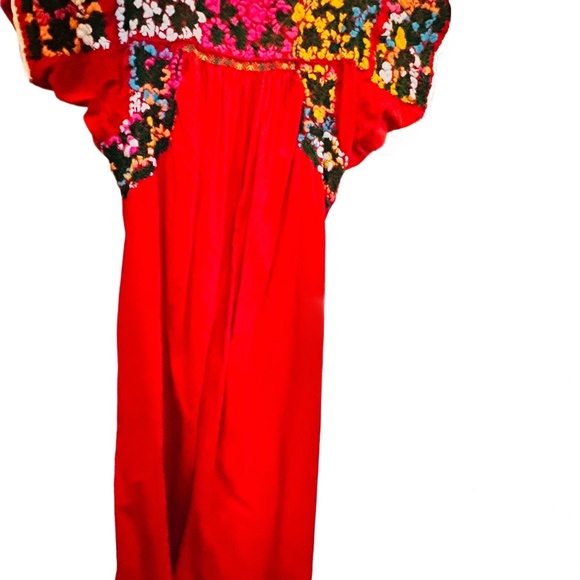👗🇲🇽 Handmade Mexican Boho Dress | Red Floral Embroidery | c.2000 | Midi | M - Picture 4 of 6
